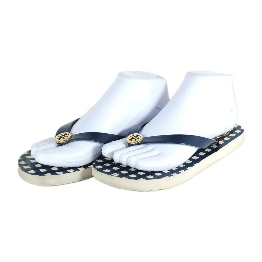 Tory Burch Women’s US6? Blue White Gingham Logo Flip Flop Thong Sandals